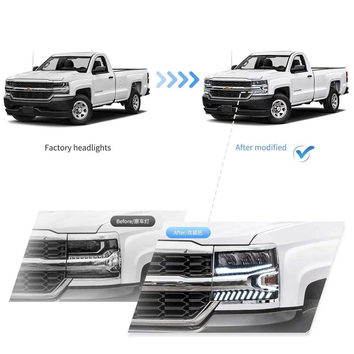 LED Headlight Assembly Reflection Bowl Chrome For 2016-2018 Chevrolet Silverado 1500 4th Gen Facelift - Image 9