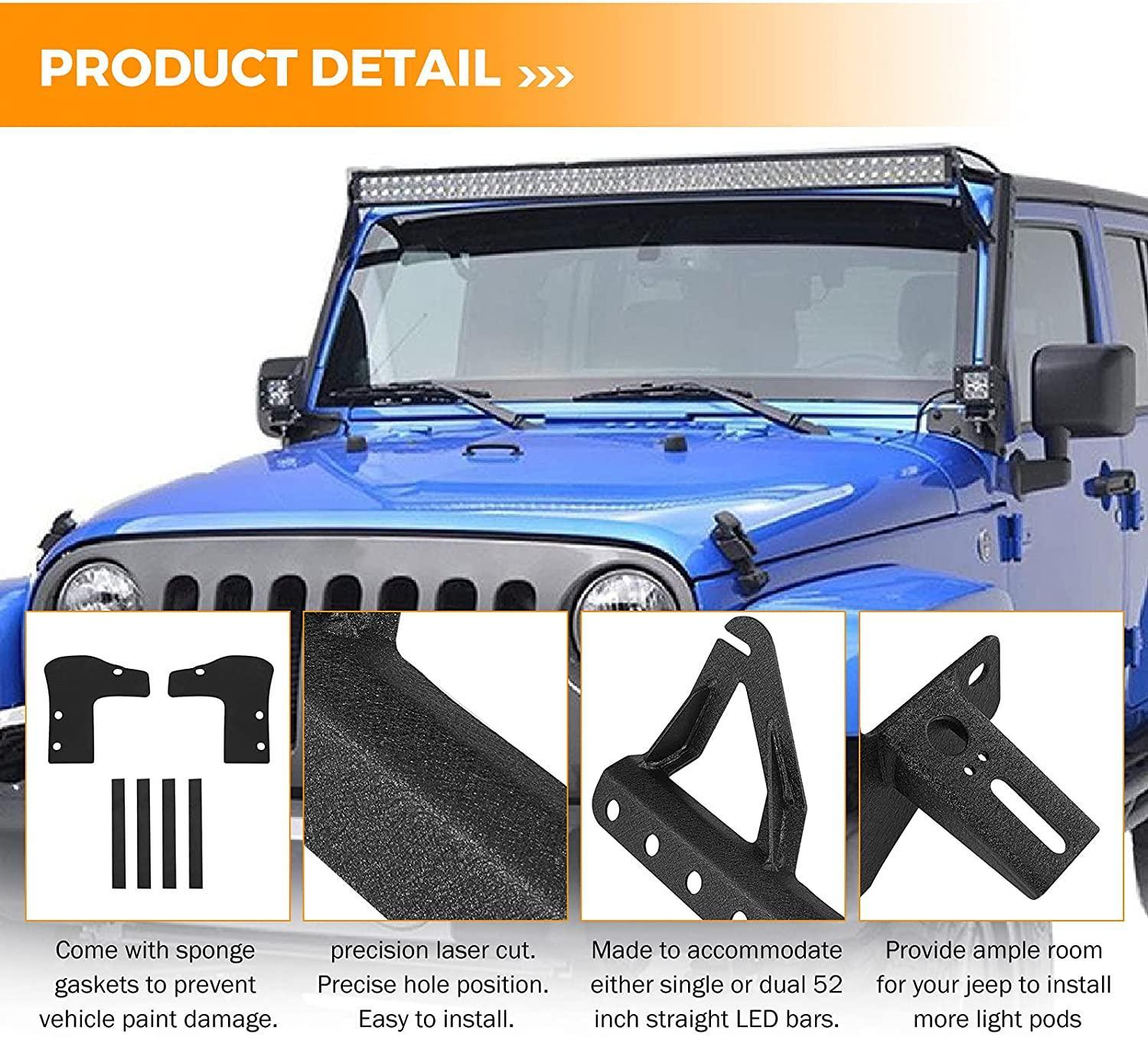 07-17 Jeep JK - Mega Bundle, 7" LED Halo Headlights,52" 300W Straight LED Light Bar&Windshield Mounting Brackets, 18W Pods light - Image 6