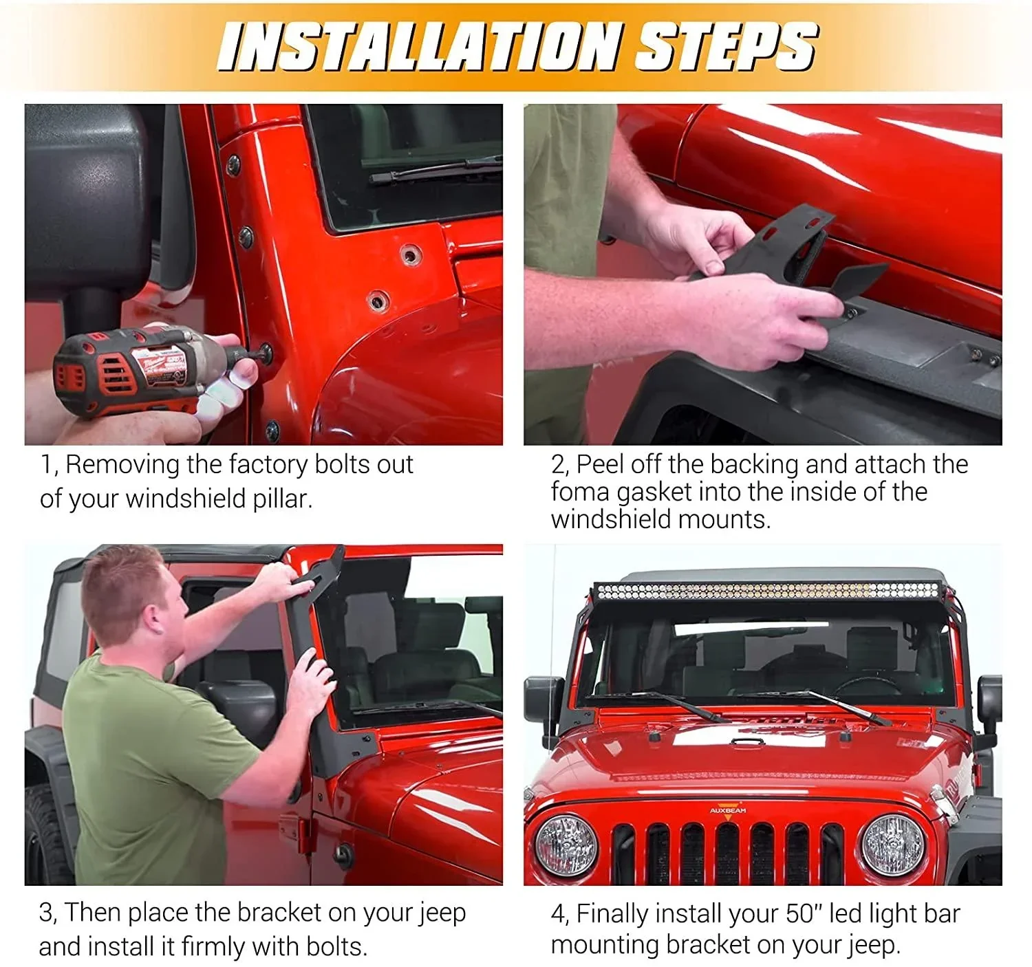 07-17 Jeep JK - Mega Bundle, 7" LED Halo Headlights,52" 300W Straight LED Light Bar&Windshield Mounting Brackets, 18W Pods light - Image 8
