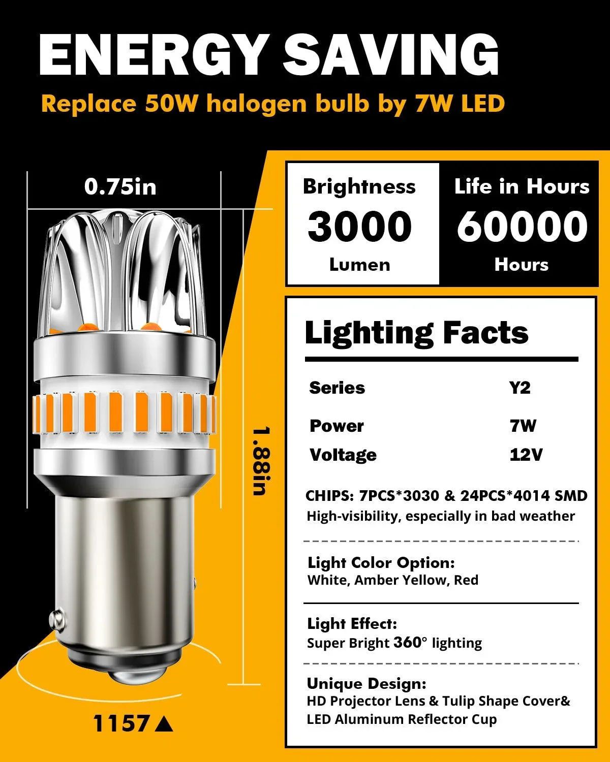 1157 BAY15D LED Turn Signal Light Rear/Front, Side Maker Light Bulbs 14W 6000LM CAN-Bus Error Free 3000K Amber Y2 Series | 2 Bulbs - Image 5