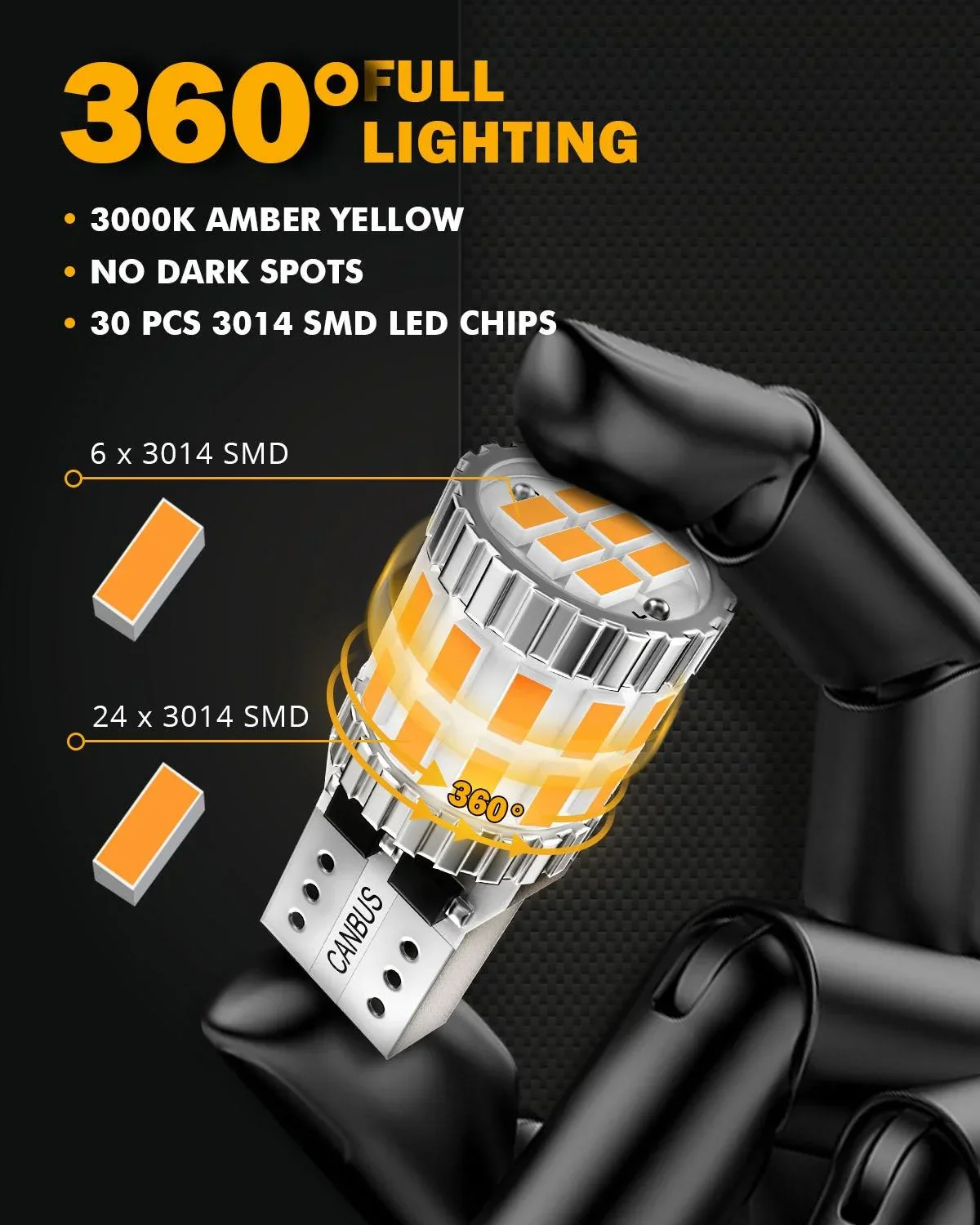 168 2825 W5W T10 LED License Plate/Side Marker/Interior Light Bulbs 3W 400% Brighter Canbus Error Free Amber B1 Series | 2 Bulbs - Image 3