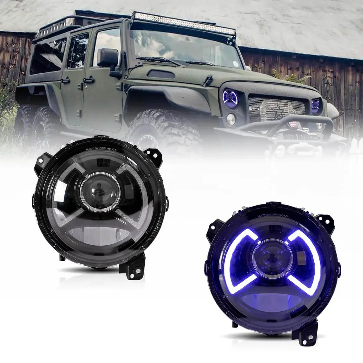 Full LED Dual Beam Projector Headlight Assembly With Blue Breath Light Black For 2018-Present Jeep Wrangle 4th Gen (JL) & 2019-Present Jeep Gladiator (JT)