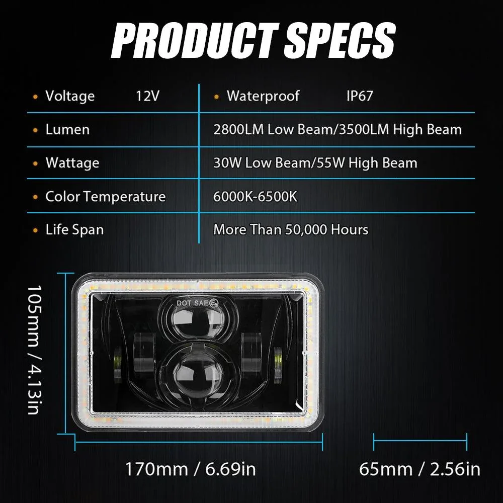 (2PCS/SET) 4x6" Sealed Beam LED Headlight with Hi-Lo Beam & DRL Amber Turn Signal Light - Image 7