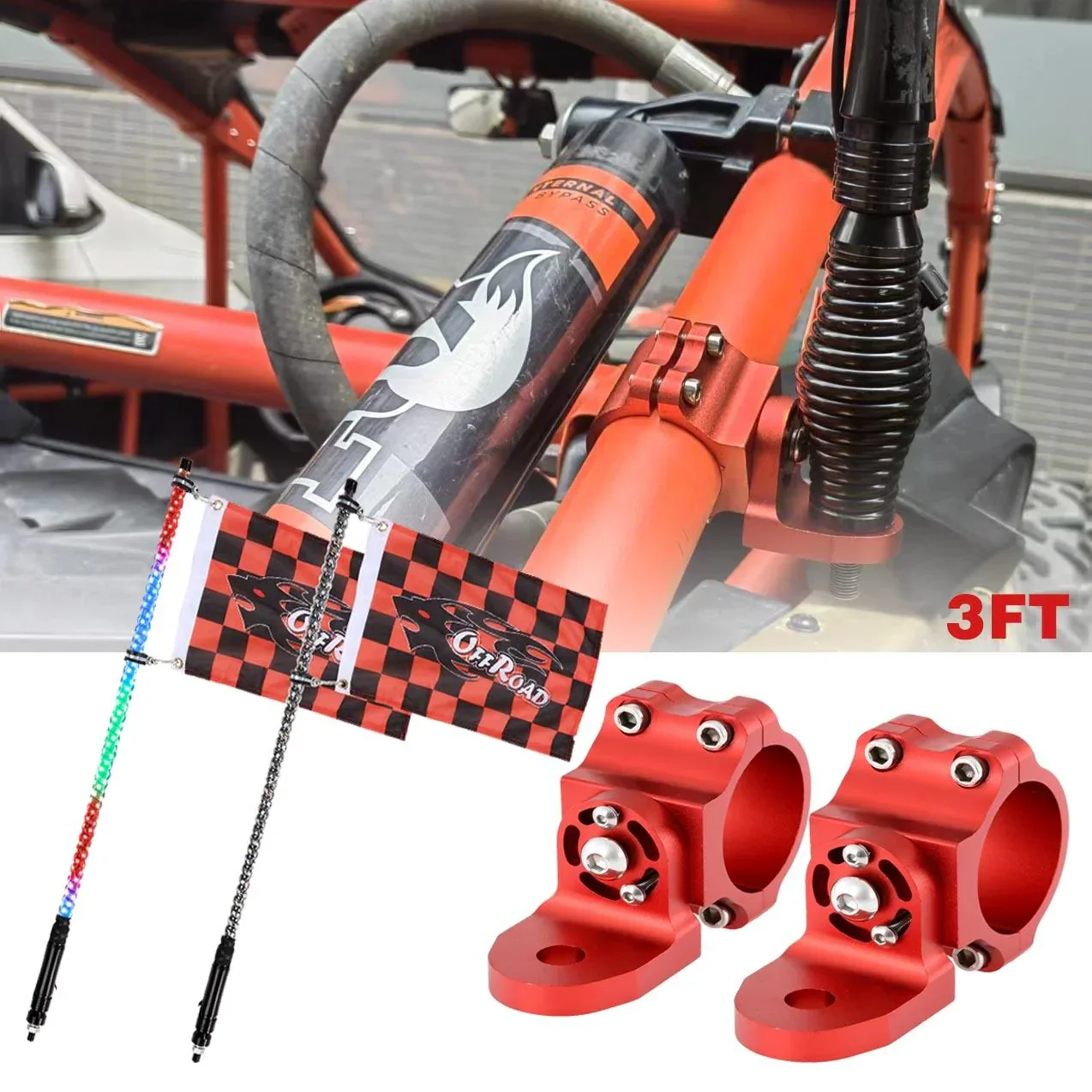 3FT/4FT LED RGB Whip Lights with Bluetooth/ Remote Controlled & Red Universal Flagpole Light Mount  for all UTVs with 1.75" to 2" Roll Cage - Image 25