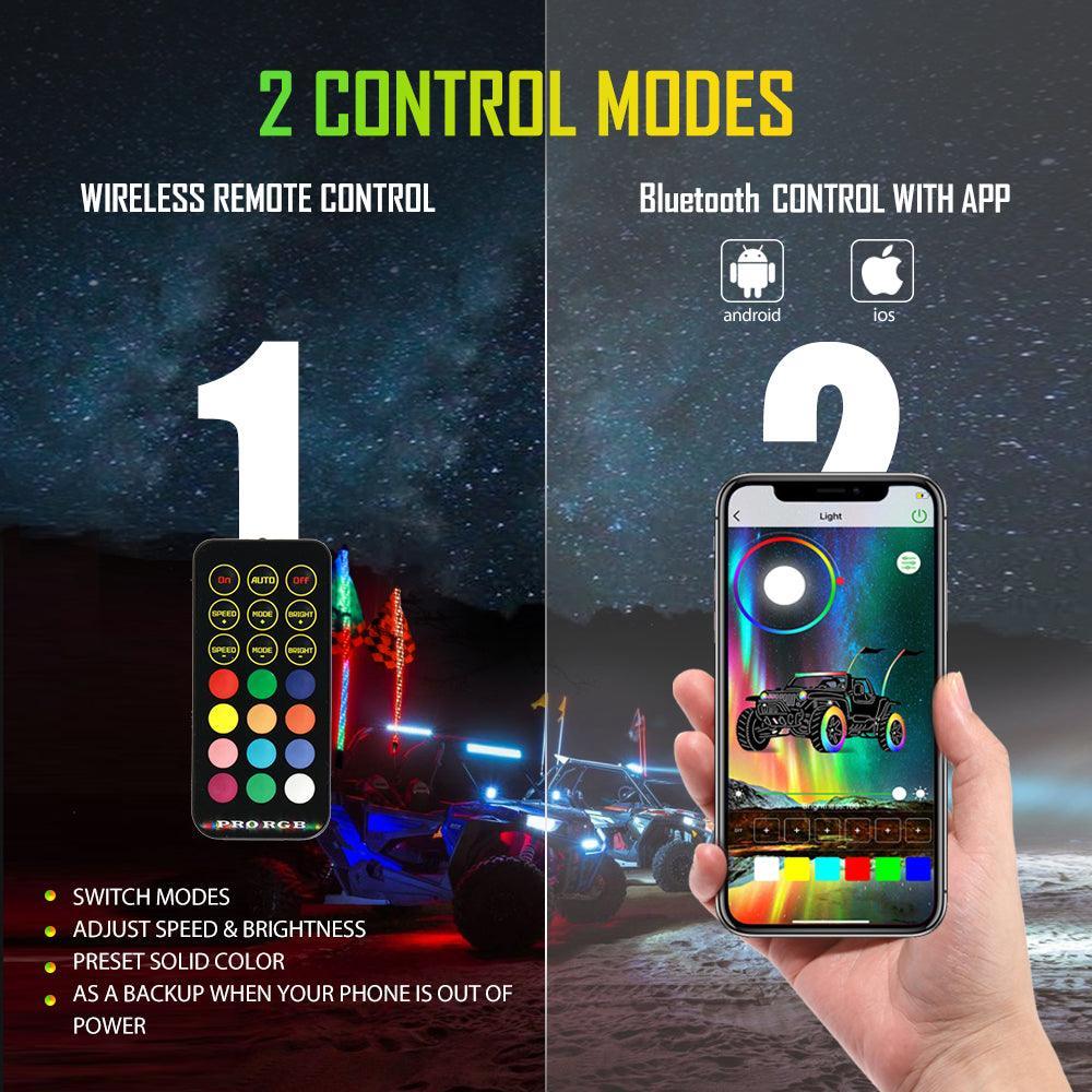 2Pcs 3FT RGB LED Whip Lights with Turn Signal & Brake Light + RGB LED Rock Lights Set with Bluetooth Controlled - Image 3