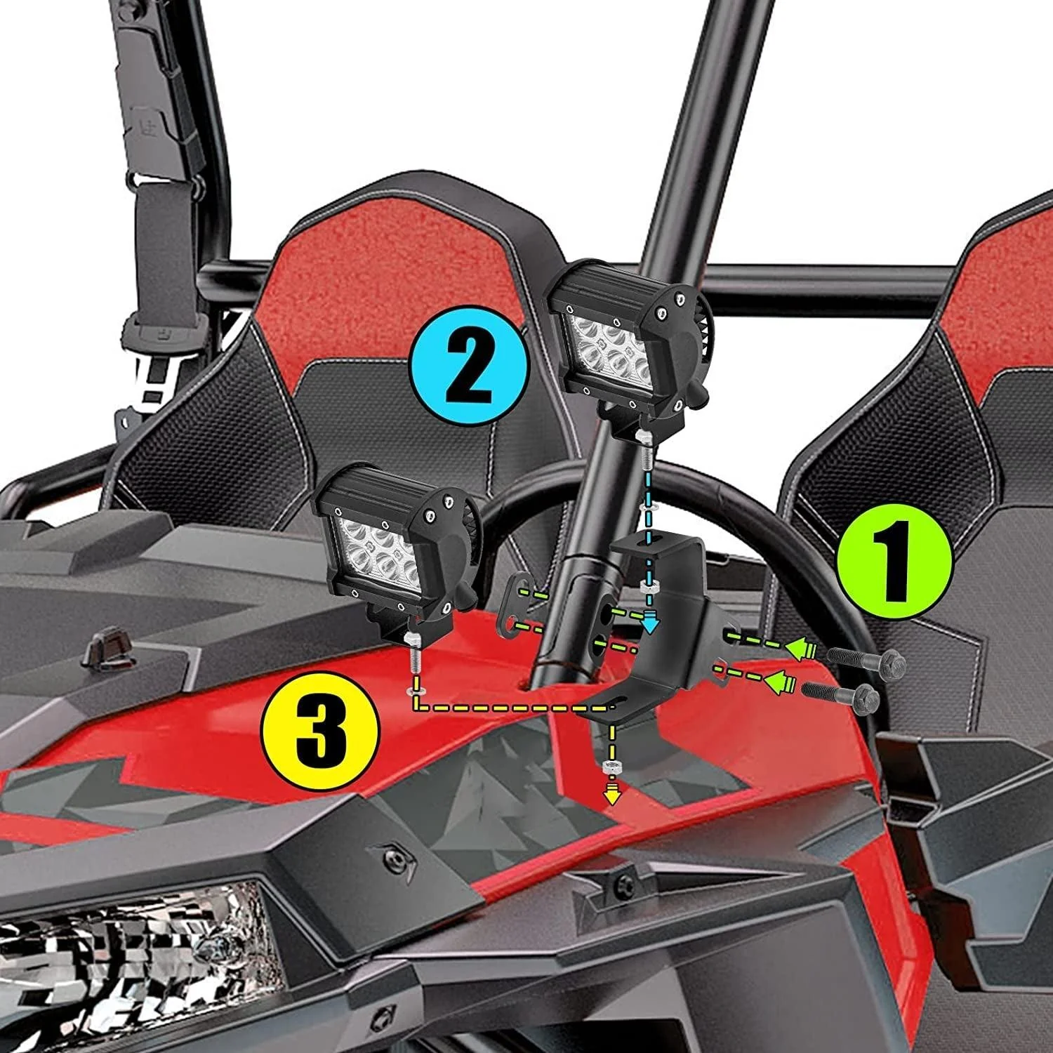 4 inch LED Pod Lights&Double-layer Pillar Mounting Bracket for 14-21 Polaris RZR XP 1000, 15-19 Polaris RZR 900 - Image 3