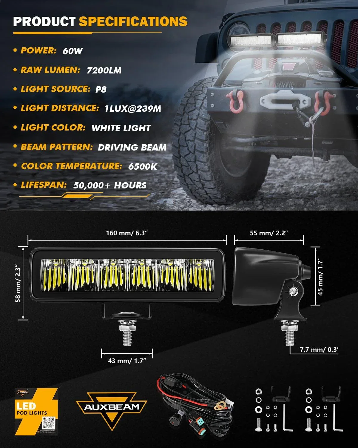 6.3 Inch 60W 7200LM LED Light Bar Off Road Driving Light - Image 7