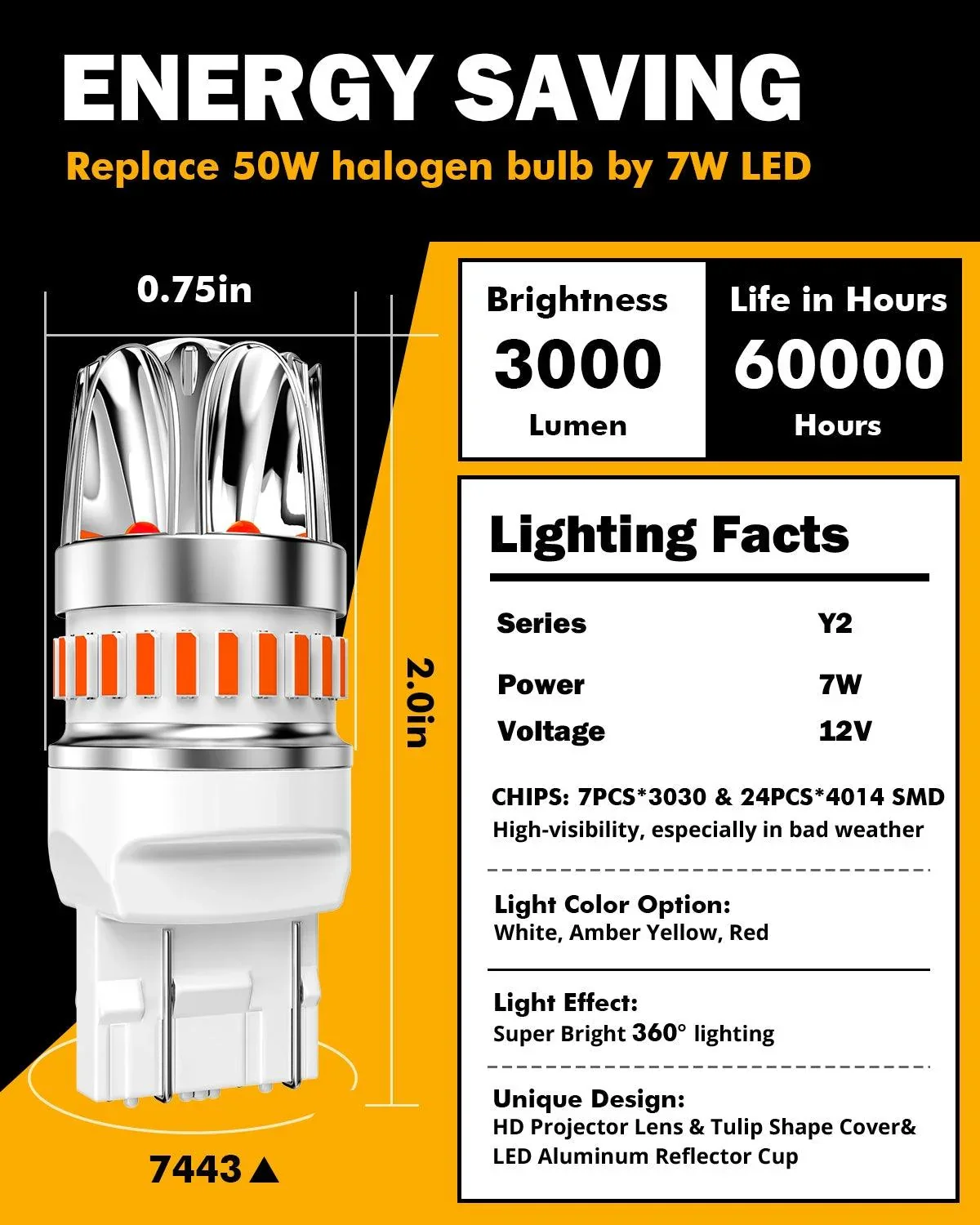 T20 7443 7440 LED Brake/Tail Light Bulbs 14W 6000LM CAN-Bus Error Free Red Y2 Series | 2 Bulbs - Image 5