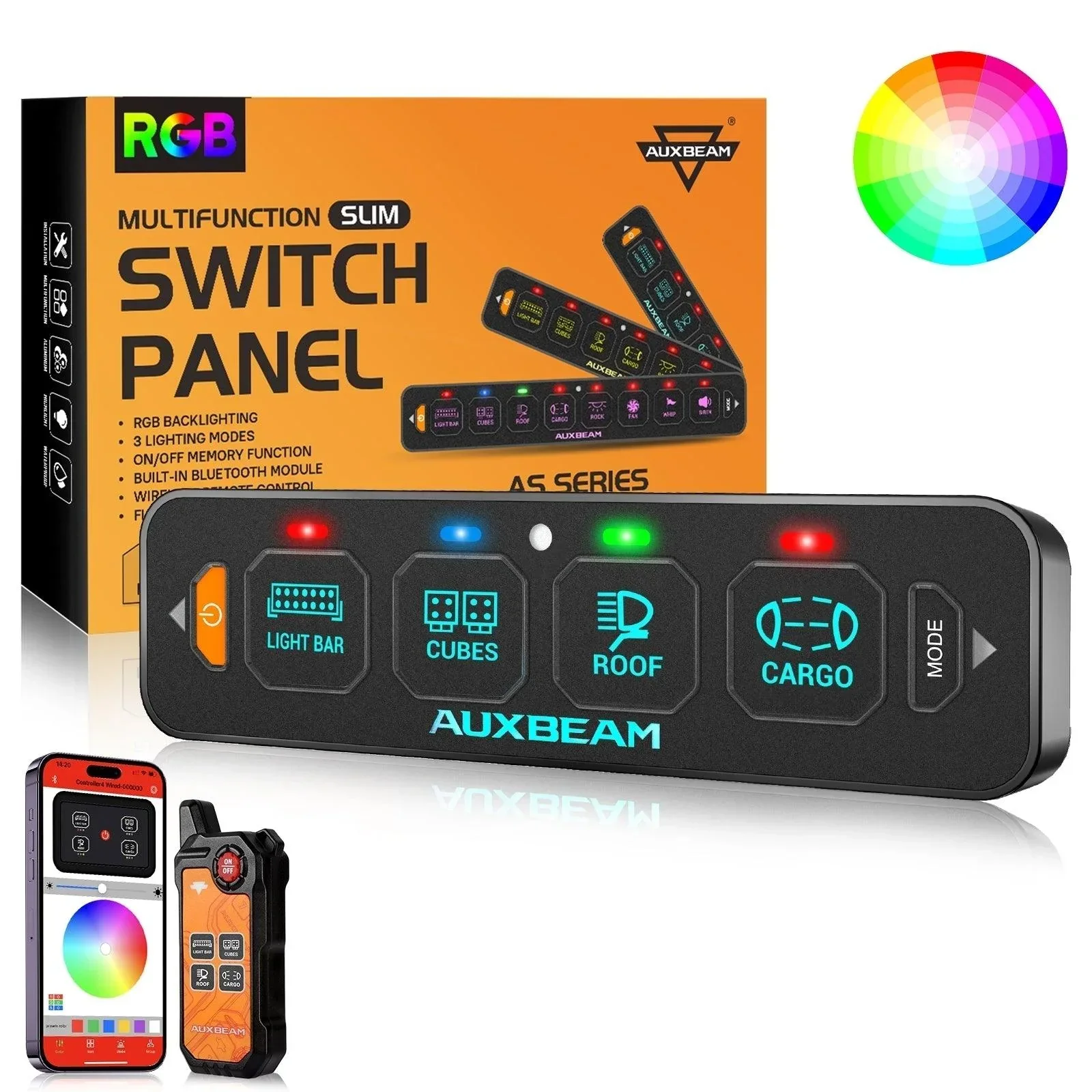 AS Series 4 Gang (AS-400) RGB Slim Switch Panel with APP&Remote Control, Toggle/ Momentary/ Pulsed Mode Supported(One-Sided Outlet)
