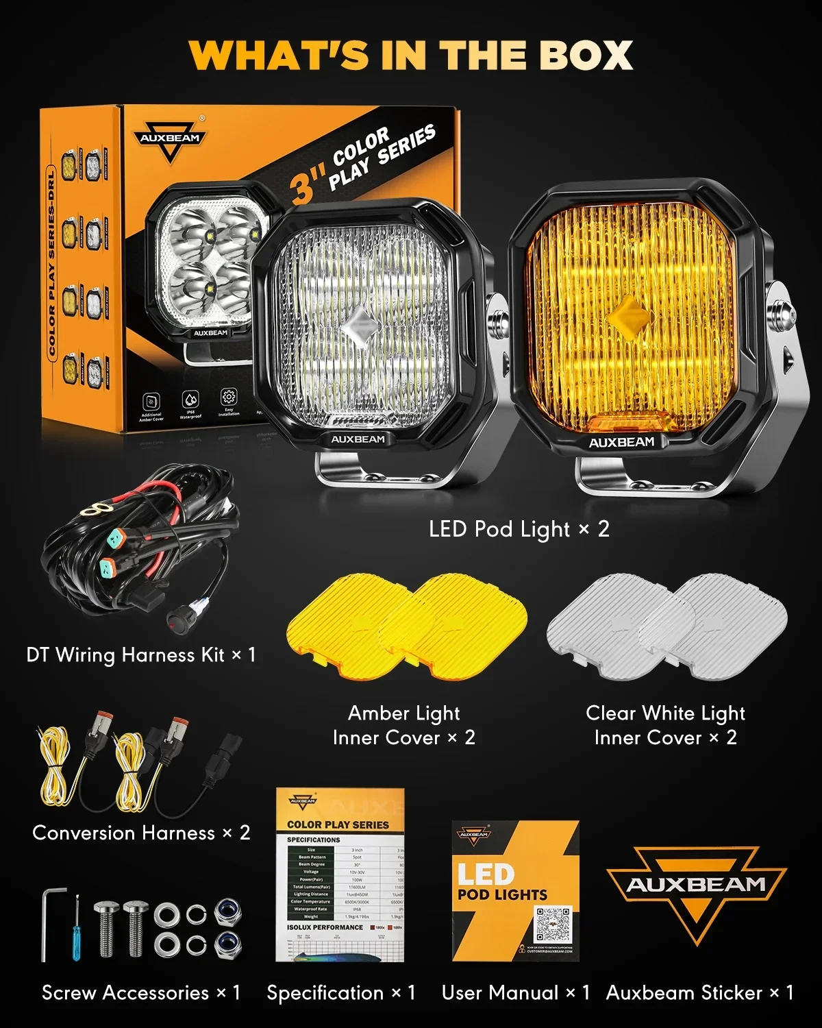 Color Play Series 3 Inch 100W Fog Lights Off Road Lights with White DRL & Amber Turn Signal Lights - Image 8