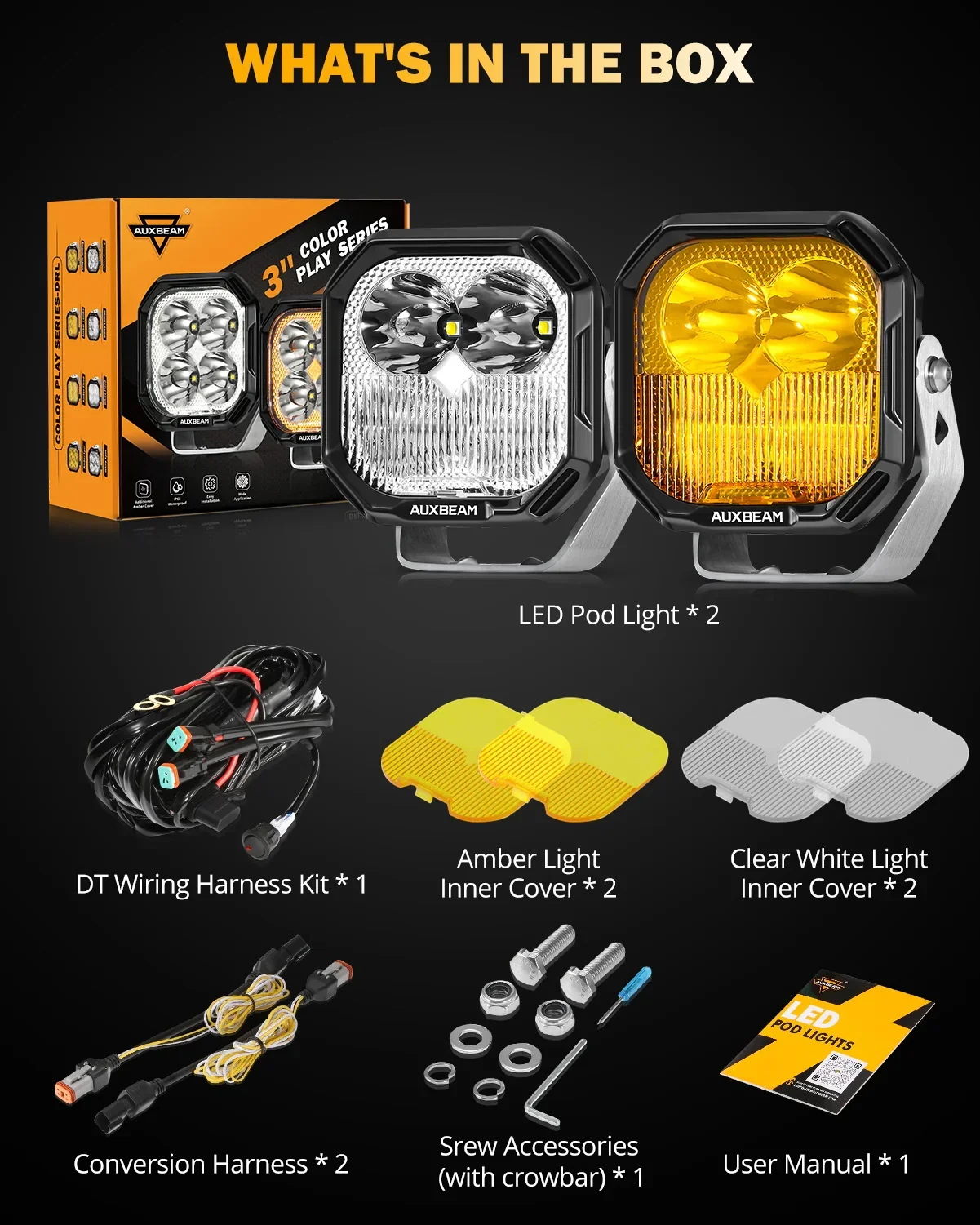 Color Play Series 3 Inch 100W LED Pod Lights Off Road Lights with White DRL & Amber Turn Signal Lights - Image 12