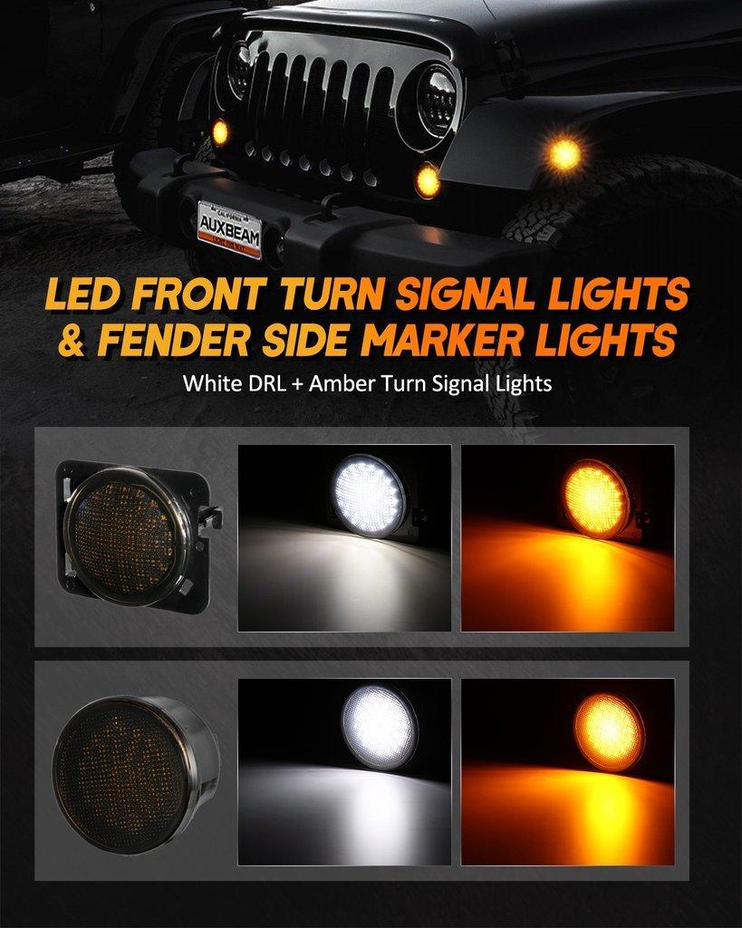 7'' LED Headlight Replacement with Halo Ring + 4'' LED Fog Light + LED Smoke Tail Light + Front Turn Signal & Fender Flares Side Marker Light for Jeep Wrangler JK - Image 7
