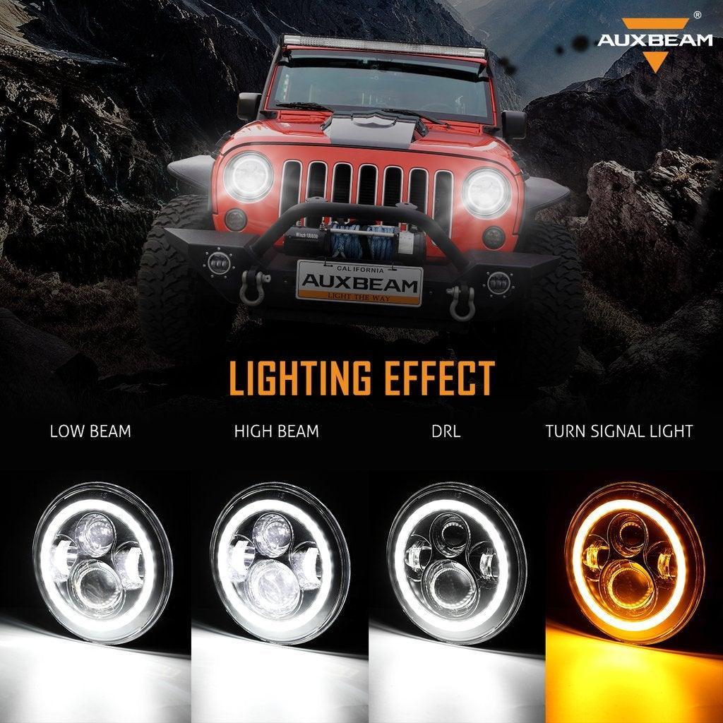 7" LED Headlight Replacement with Halo Ring + 4" LED Fog Light + Front Turn Signal & Fender Flares Side Marker Light for Jeep Wrangler JK - Image 2