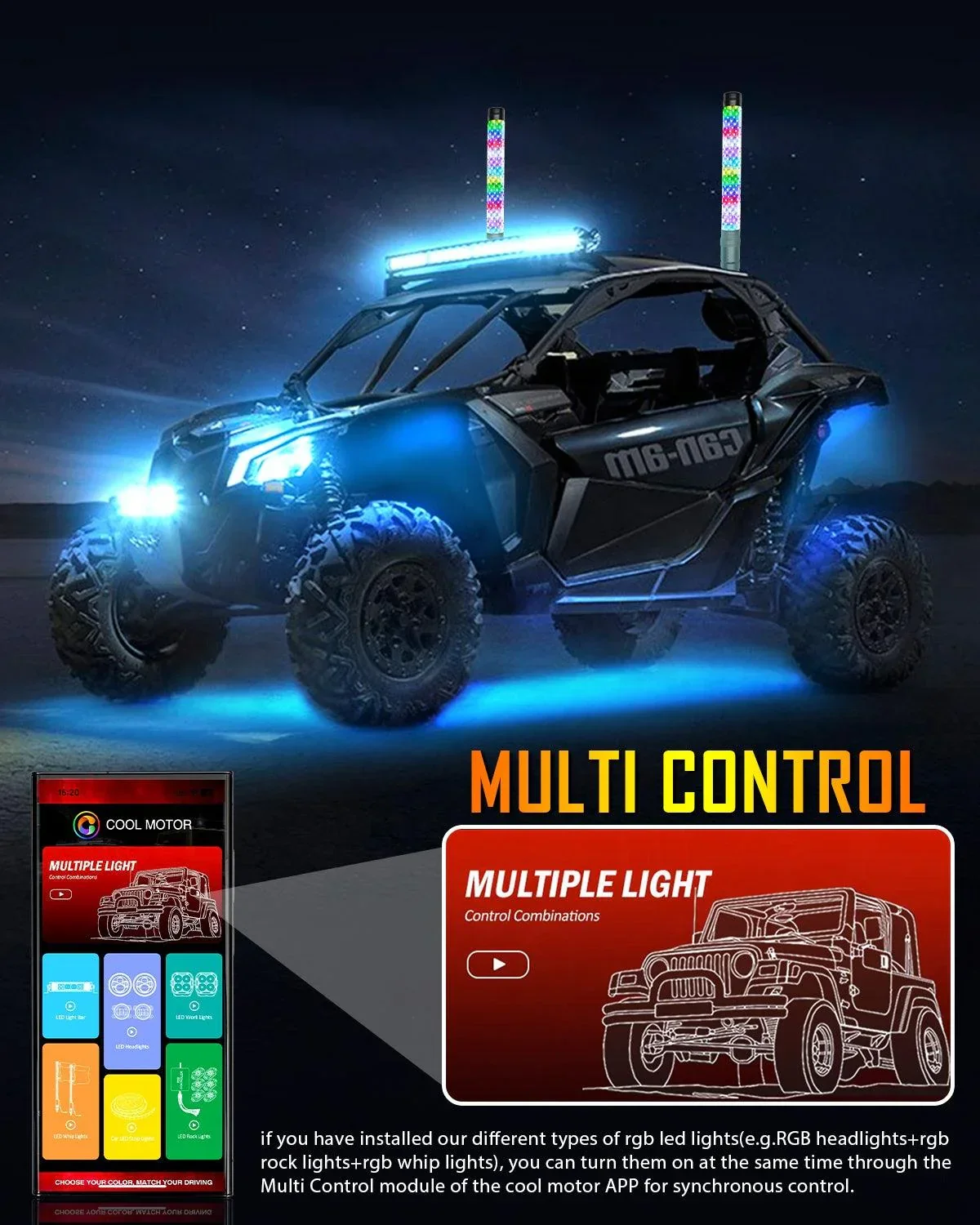 New 1.9FT LED RGB Whip Lights with Turn Signal & Brake Light, Bluetooth APP/ Remote Control - Image 5