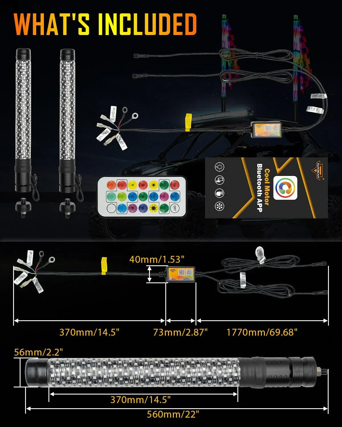 New 1.9FT LED RGB Whip Lights with Turn Signal & Brake Light, Bluetooth APP/ Remote Control - Image 8