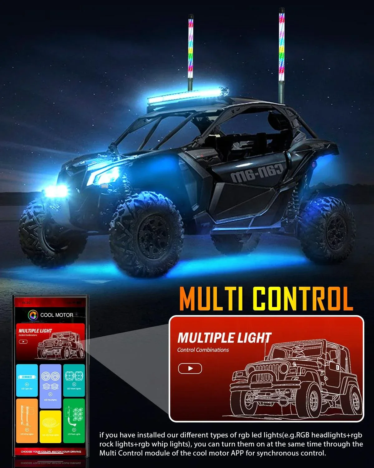 New 2.2FT LED RGB Whip Lights with Turn Signal & Brake Light, Bluetooth APP/ Remote Control - Image 6