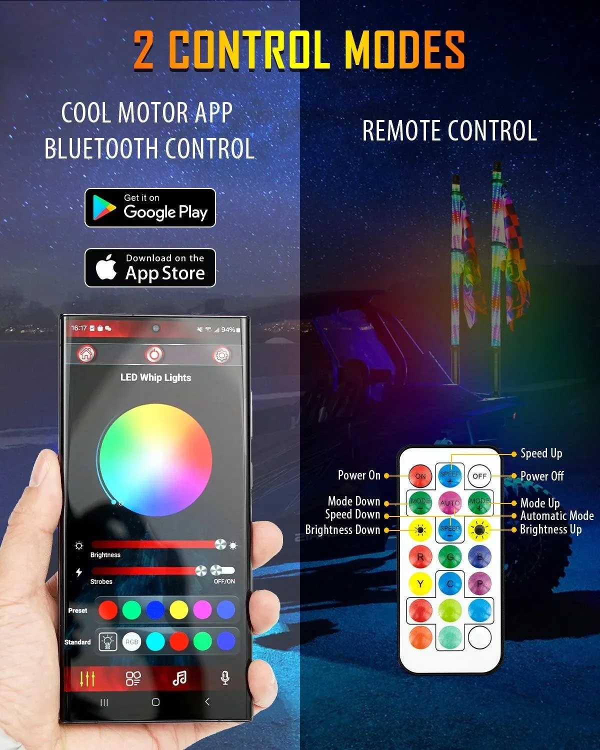 New 2.8FT LED RGB Whip Lights with Turn Signal & Brake Light, Bluetooth APP/ Remote Control - Image 3