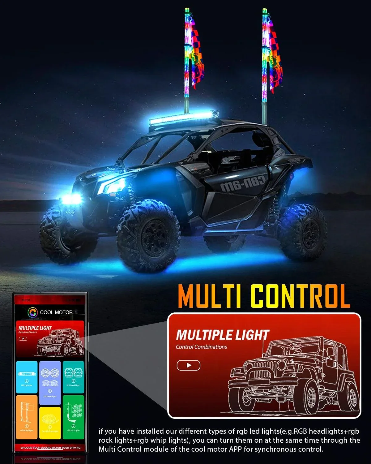 New 2.8FT LED RGB Whip Lights with Turn Signal & Brake Light, Bluetooth APP/ Remote Control - Image 5