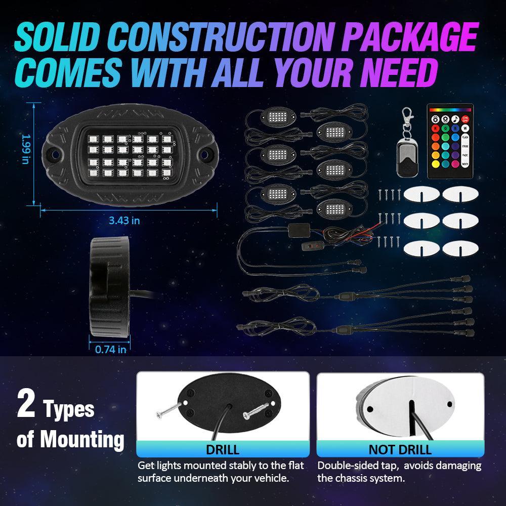 RGBW LED Rock Lights Kit with Bluetooth APP & Wireless Remote Control, Multicolor Neon Underglow Lights with Brake Light function - Image 11
