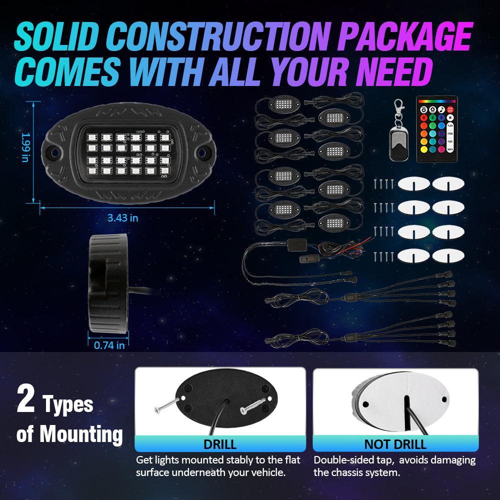 RGBW LED Rock Lights Kit with Bluetooth APP & Wireless Remote Control, Multicolor Neon Underglow Lights with Brake Light function - Image 12