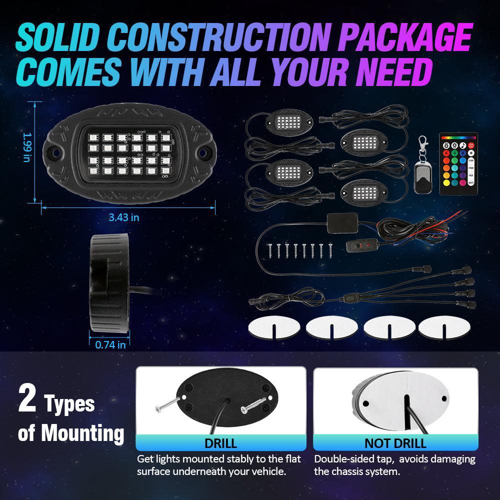 RGBW LED Rock Lights Kit with Bluetooth APP & Wireless Remote Control, Multicolor Neon Underglow Lights with Brake Light function - Image 13