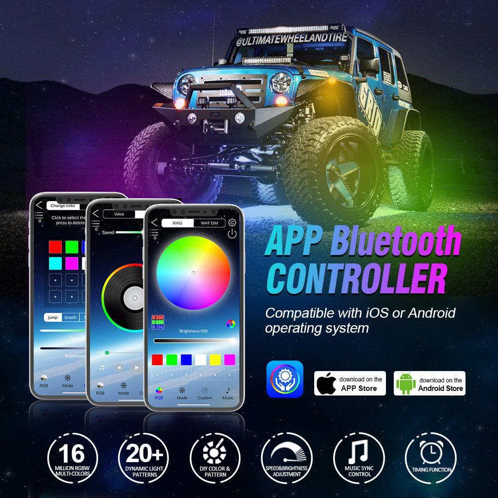 RGBW LED Rock Lights Kit with Bluetooth APP & Wireless Remote Control, Multicolor Neon Underglow Lights with Brake Light function - Image 8