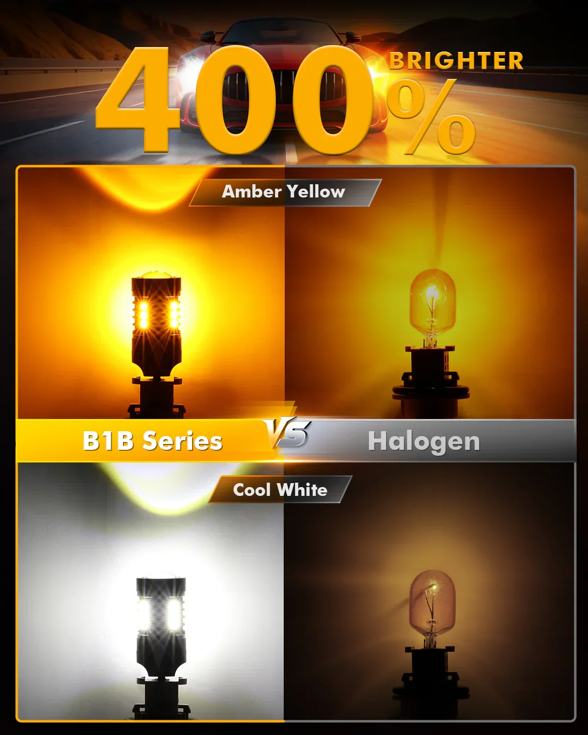 T20 7443 7440 LED Front Turn Signal & DRL Light Bulbs 400% High Brightness Dual Color Switchback White & Amber B1B Series | 2 Bulbs - Image 3