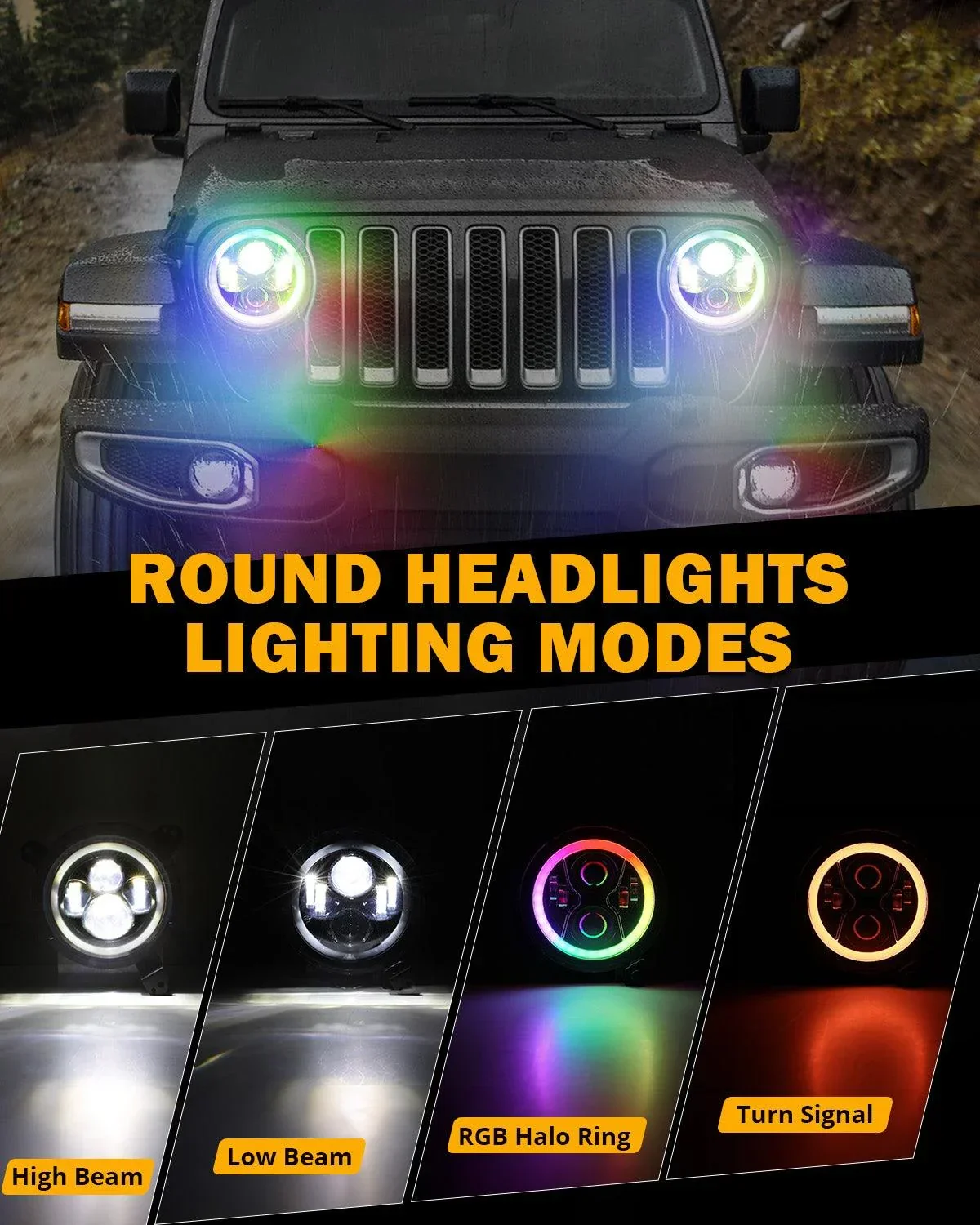 Upgraded RGB 9 Inch Headlights + 4 Inch Fog Lights Combo for Jeep Wrangler JL with APP Control - Image 3