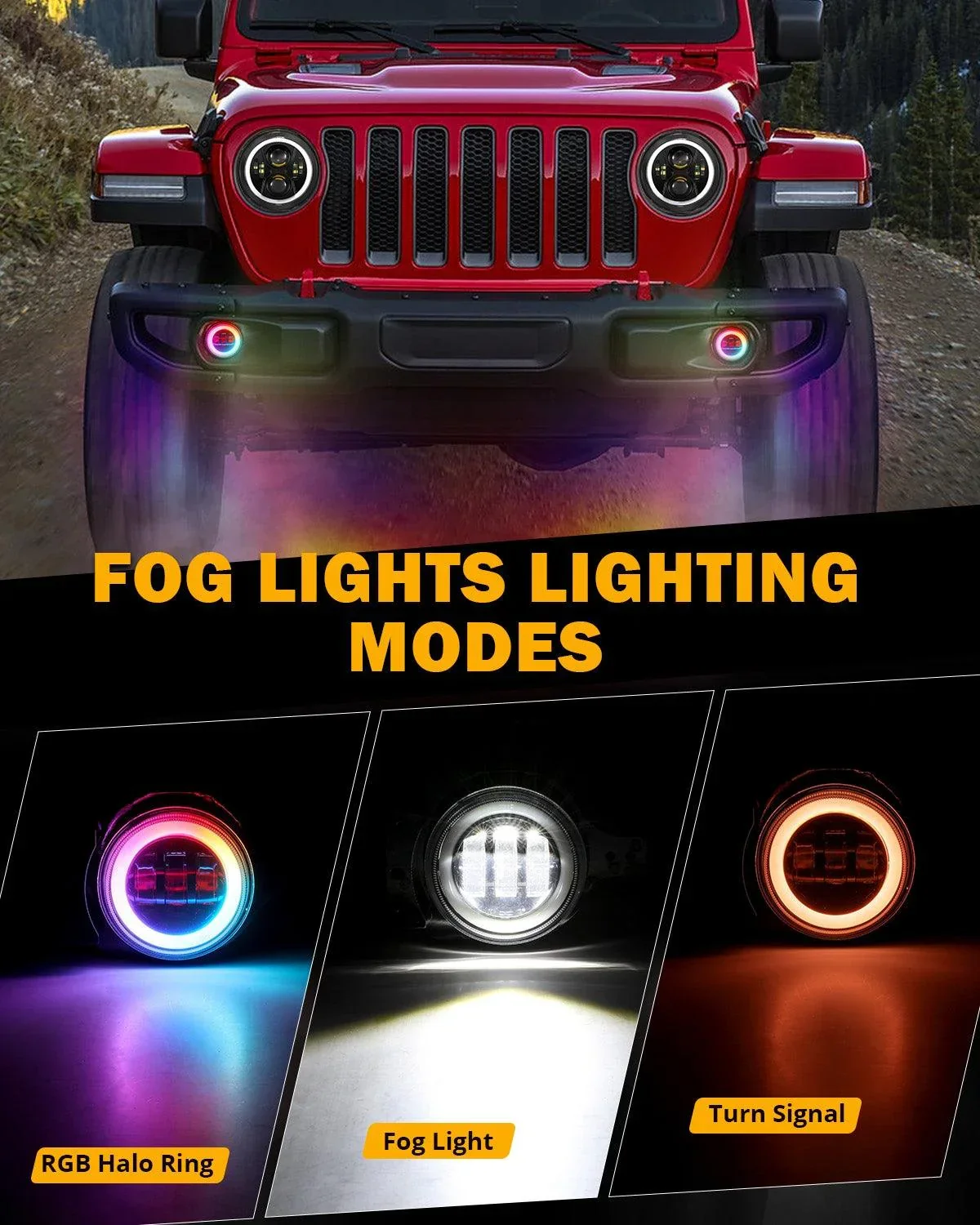 Upgraded RGB 9 Inch Headlights + 4 Inch Fog Lights Combo for Jeep Wrangler JL with APP Control - Image 4