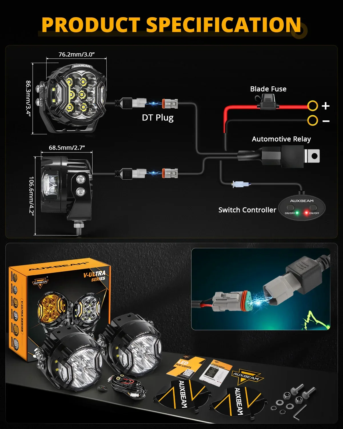 V-ULTRA Series | 3 Inch 108W LED Side Shooter White Pod Lights with Amber DRL - Image 4