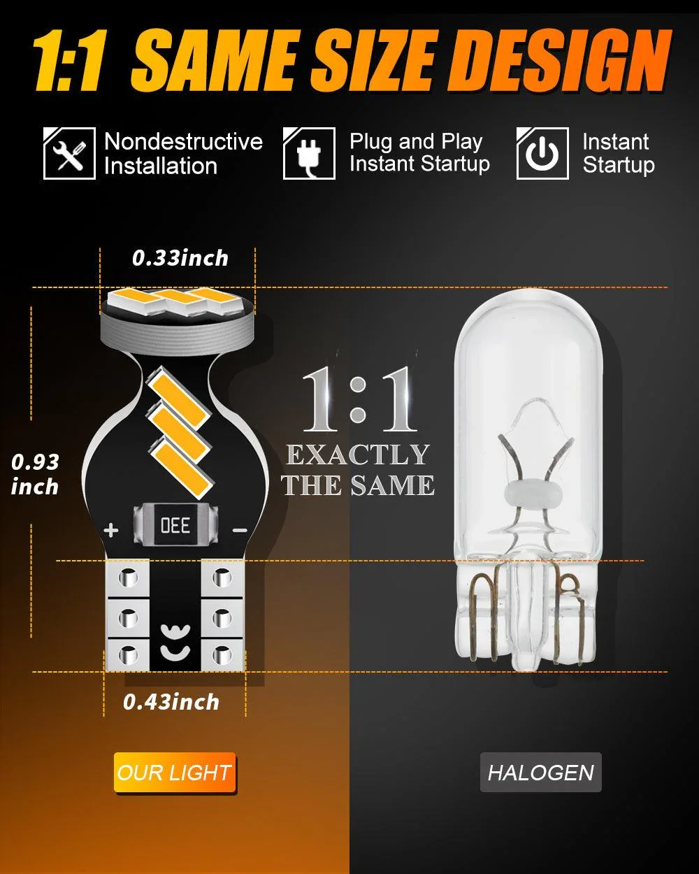 168 2825 W5W T10 LED Interior Light Bulbs 1.5W 300% Brighter 3500K Amber | 10 Bulbs - Image 4