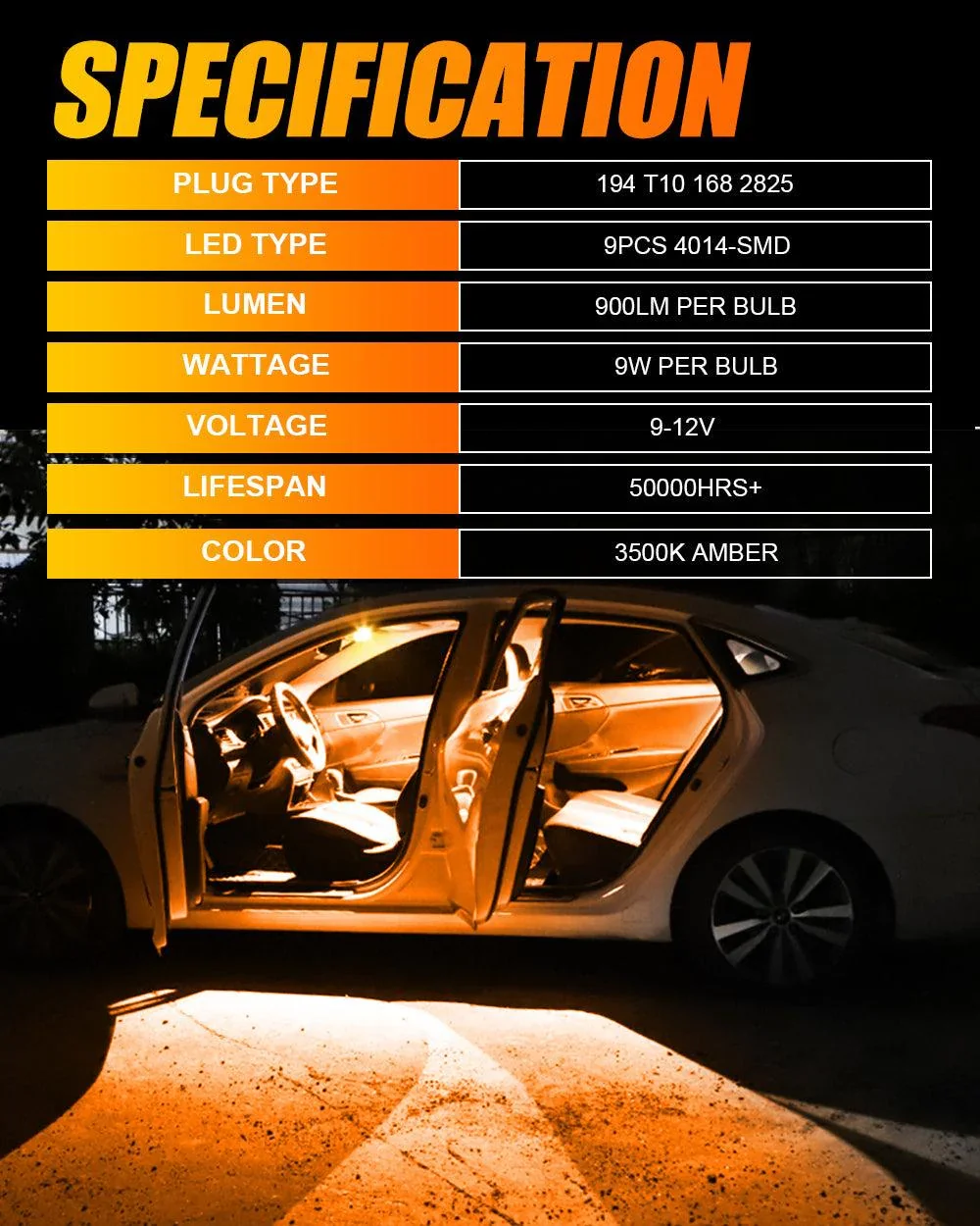 168 2825 W5W T10 LED Interior Light Bulbs 1.5W 300% Brighter 3500K Amber | 10 Bulbs - Image 6