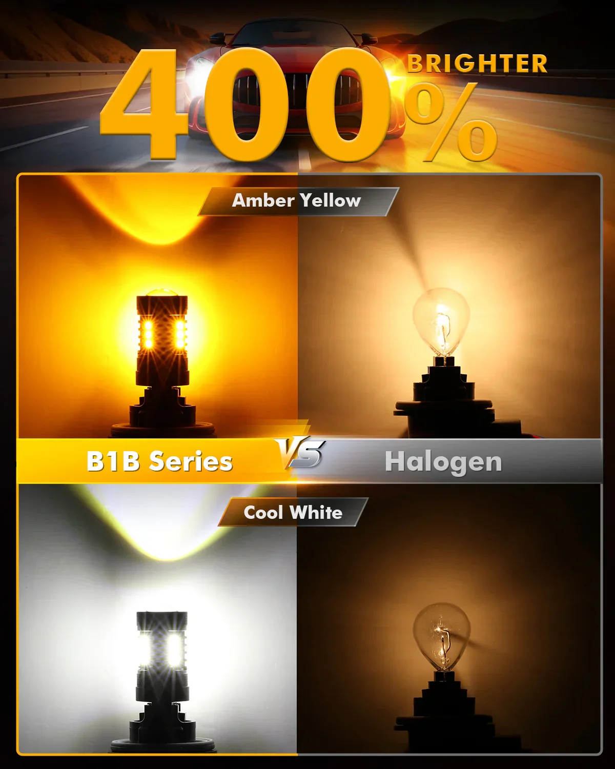 T25 3157 3156 LED Front Turn Signal & DRL Light Bulbs 400% High Brightness Dual Color Switchback White & Amber B1B Series| 2 Bulbs - Image 3